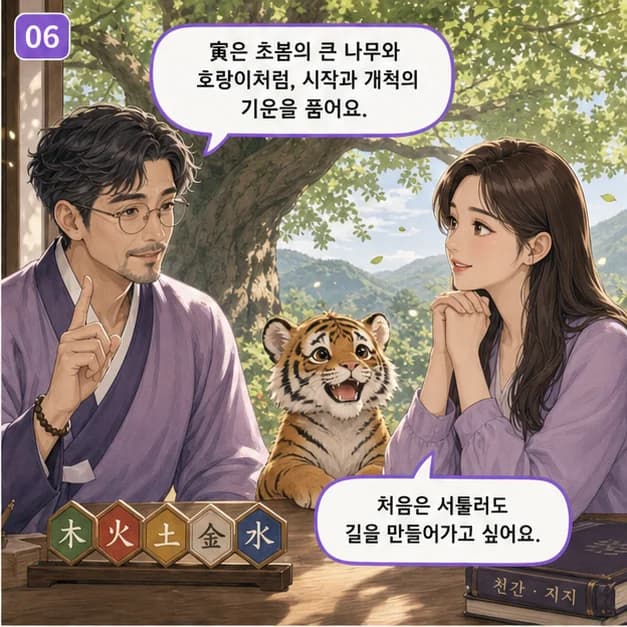 병인일주 6컷: 寅은 2월(봄의 시작)·03~05시, 거목을 닮았어요.