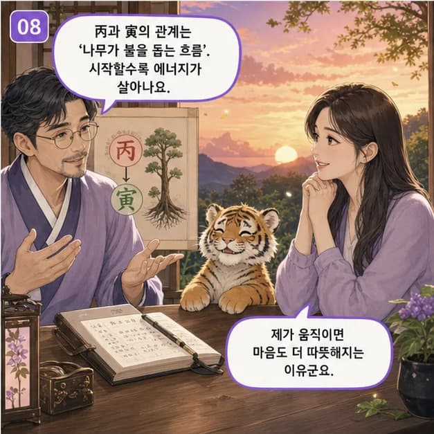 병인일주 8컷: 丙과 寅의 관계는 ‘일지가 일간을 생함’. 생활에서 얻은 경험과 배움이 나의 선택을 밀어줘요.