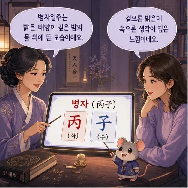 병자일주 1컷: 병자일주는 분위기를 밝히고 핵심을 드러내는 힘과 생각을 모아 움직일 때를 고르는 힘이 눈에 띄어요.