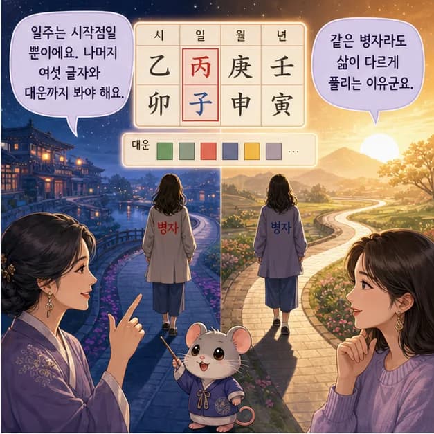 병자일주 2컷: 일주는 성격 전부가 아니라, 일이 생길 때 먼저 보이는 중심 반응이에요.