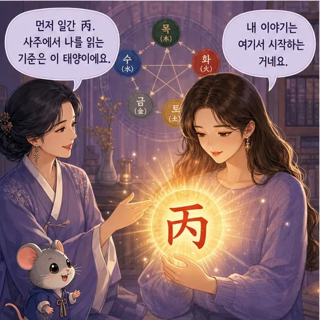 병자일주 3컷: 먼저 일간 丙. 사주에서 ‘나’를 읽는 기준이에요.