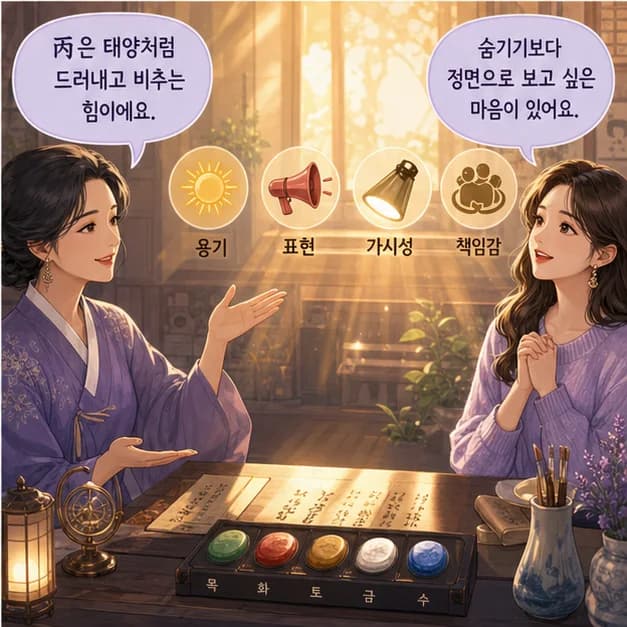 병자일주 4컷: 丙은 태양처럼 분위기를 밝히고 핵심을 드러내는 힘을 보여줘요.