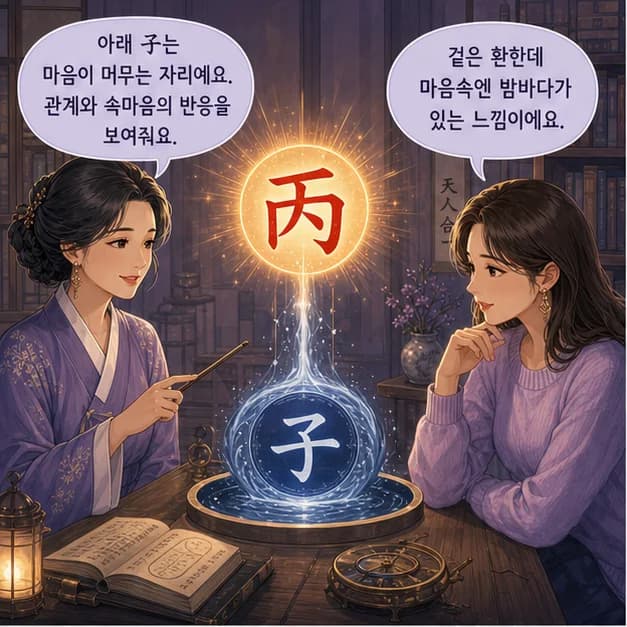 병자일주 5컷: 아래 子는 내가 일상을 보내고 마음이 반응하는 자리예요.
