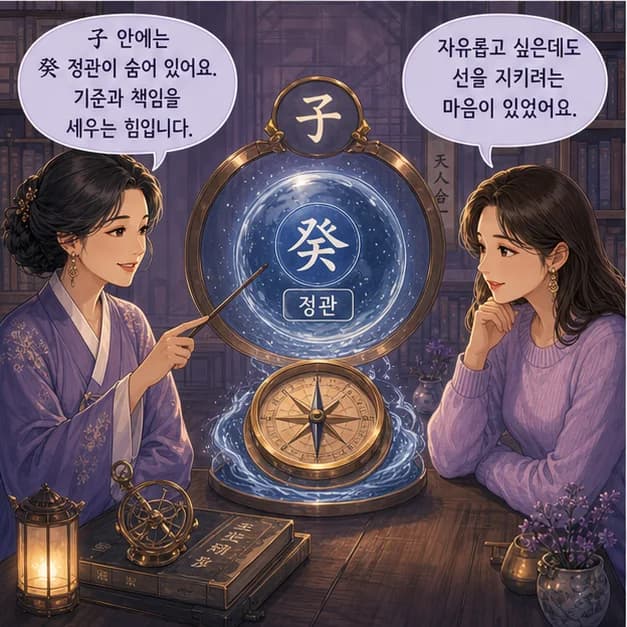 병자일주 7컷: 子 안의 癸 정관. 중심은 정관, 약속과 책임을 지키며 신뢰를 쌓는 힘이에요.