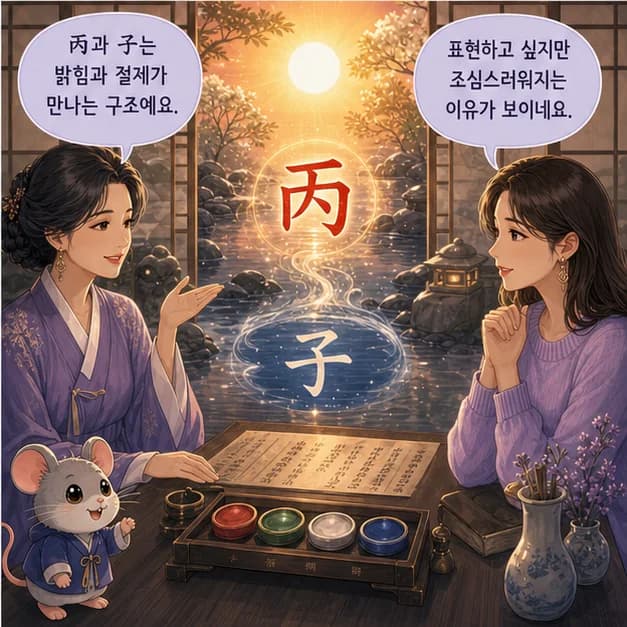 병자일주 8컷: 丙과 子의 관계는 ‘일지가 일간을 극함’. 환경의 요구를 크게 느끼지만 그 과정에서 기준도 단단해져요.