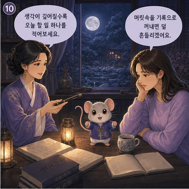 병자일주 10컷: 다만 속도를 올리다 내 에너지를 한꺼번에 쓰는 패턴이 강해지는 때엔 지칠 수 있어요. 생각을 한 문장으로 적고 가장 작은 시작을 정하기부터 해보세요.