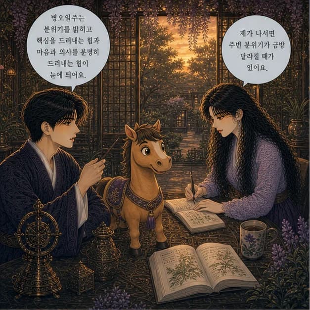 병오일주 1컷: 병오일주는 분위기를 밝히고 핵심을 드러내는 힘과 마음과 의사를 분명히 드러내는 힘이 눈에 띄어요.