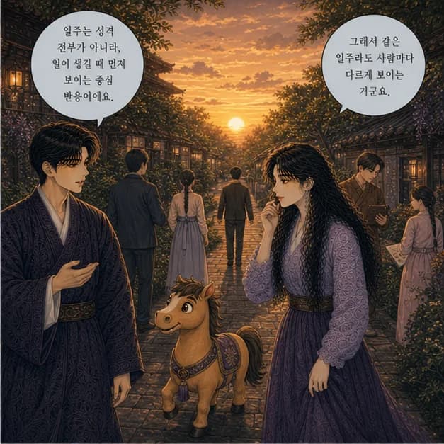 병오일주 2컷: 일주는 성격 전부가 아니라, 일이 생길 때 먼저 보이는 중심 반응이에요.