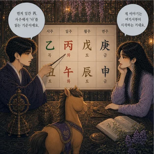 병오일주 3컷: 먼저 일간 丙. 사주에서 ‘나’를 읽는 기준이에요.