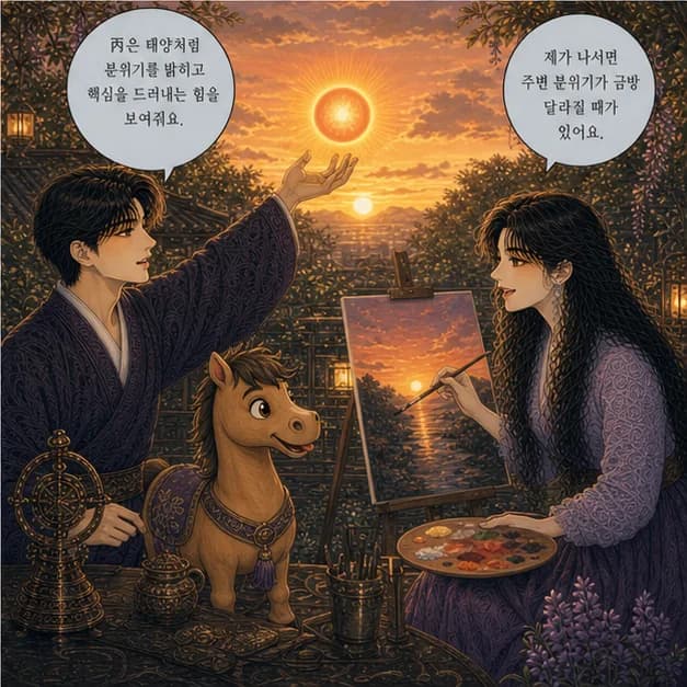 병오일주 4컷: 丙은 태양처럼 분위기를 밝히고 핵심을 드러내는 힘을 보여줘요.