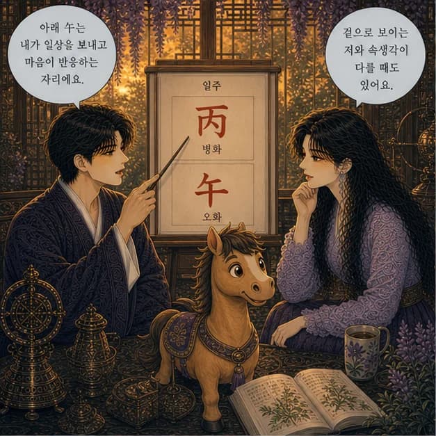 병오일주 5컷: 아래 午는 내가 일상을 보내고 마음이 반응하는 자리예요.