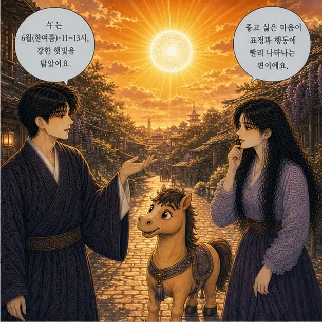 병오일주 6컷: 午는 6월(한여름)·11~13시, 강한 햇빛을 닮았어요.