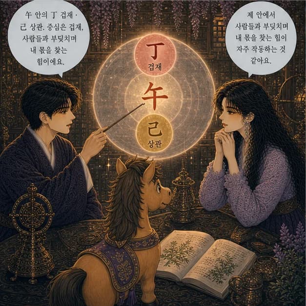 병오일주 7컷: 午 안의 丁 겁재 · 己 상관. 중심은 겁재, 사람들과 부딪치며 내 몫을 찾는 힘이에요.
