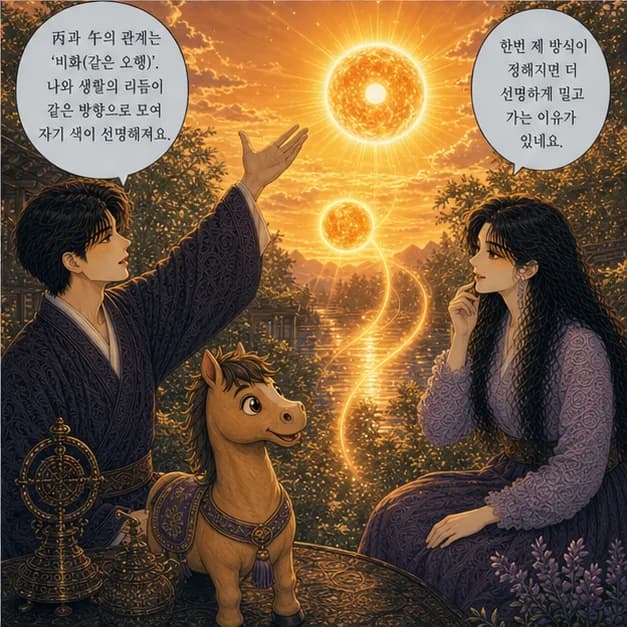 병오일주 8컷: 丙과 午의 관계는 ‘비화(같은 오행)’. 나와 생활의 리듬이 같은 방향으로 모여 자기 색이 선명해져요.