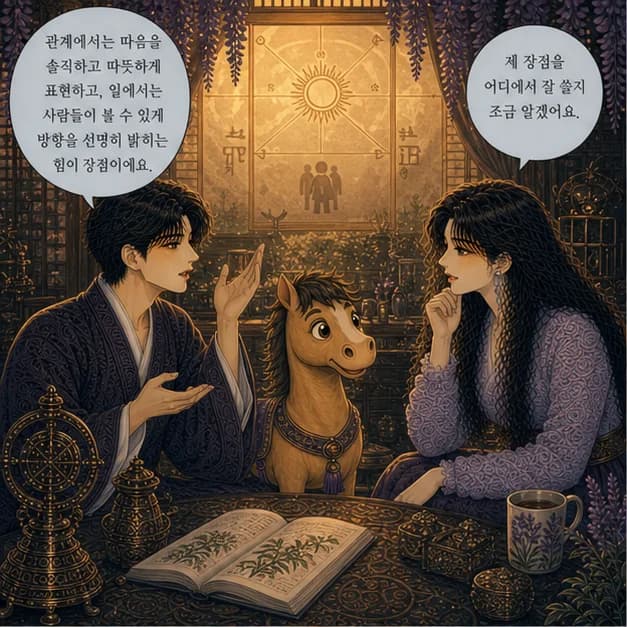병오일주 9컷: 관계에서는 마음을 솔직하고 따뜻하게 표현하고, 일에서는 사람들이 볼 수 있게 방향을 선명히 밝히는 힘이 장점이에요.