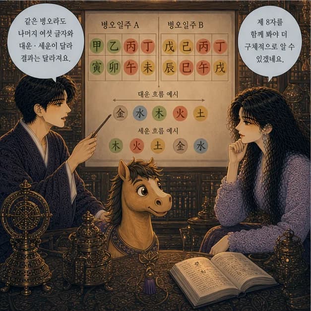 병오일주 11컷: 같은 병오라도 나머지 여섯 글자와 대운·세운이 달라 결과는 달라져요.