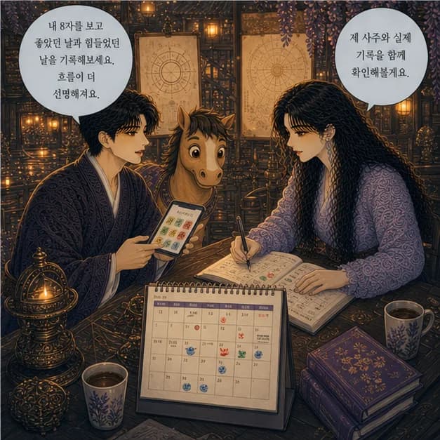 병오일주 12컷: 내 8자를 보고 좋았던 날과 힘들었던 날을 기록해보세요. 흐름이 더 선명해져요.