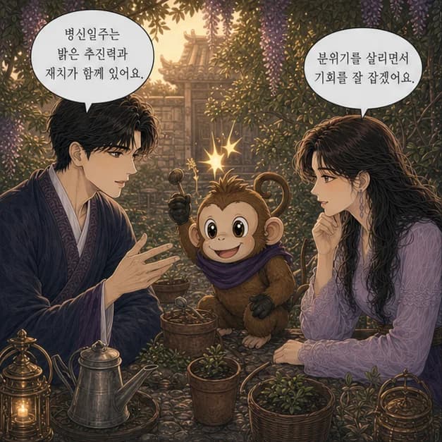 병신일주 1컷: 병신일주는 분위기를 밝히고 핵심을 드러내는 힘과 변화를 읽고 빠르게 대안을 찾는 힘이 눈에 띄어요.