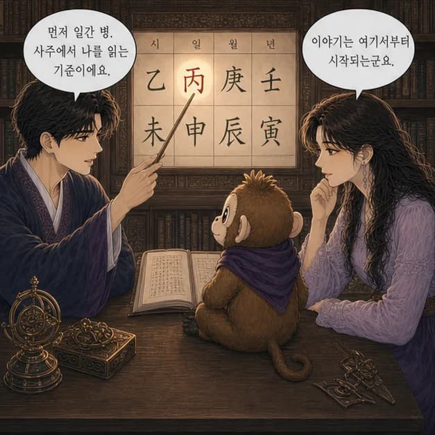 병신일주 3컷: 먼저 일간 丙. 사주에서 ‘나’를 읽는 기준이에요.