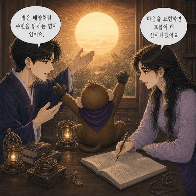 병신일주 4컷: 丙은 태양처럼 분위기를 밝히고 핵심을 드러내는 힘을 보여줘요.