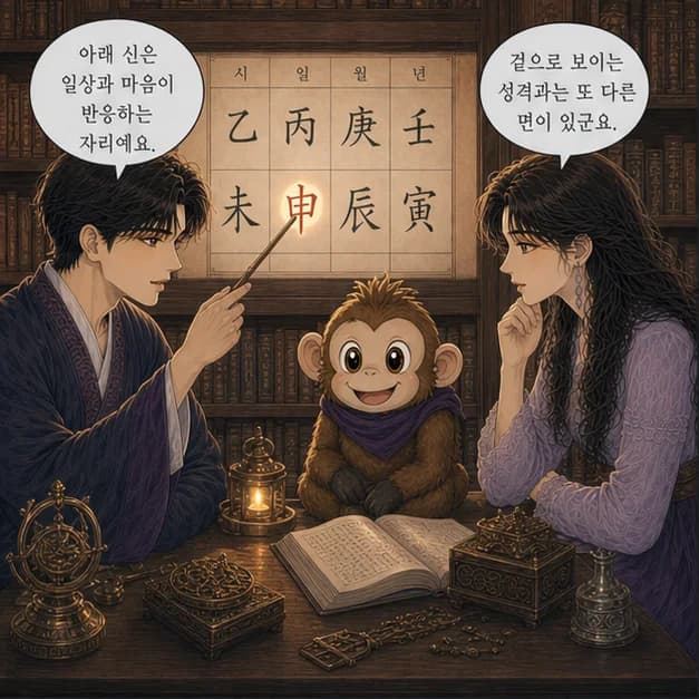 병신일주 5컷: 아래 申은 내가 일상을 보내고 마음이 반응하는 자리예요.