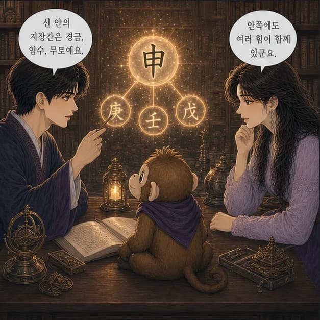 병신일주 7컷: 申 안의 庚 편재 · 壬 편관 · 戊 식신. 중심은 편재, 사람과 기회 사이의 흐름을 빠르게 읽는 힘이에요.