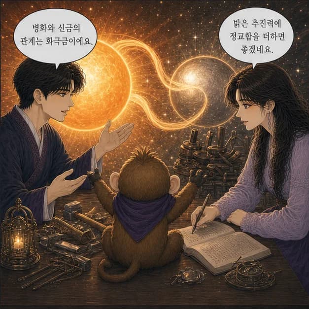 병신일주 8컷: 丙과 申의 관계는 ‘일간이 일지를 극함’. 내 기준으로 상황을 정리하고 현실적인 결과를 만들려 해요.
