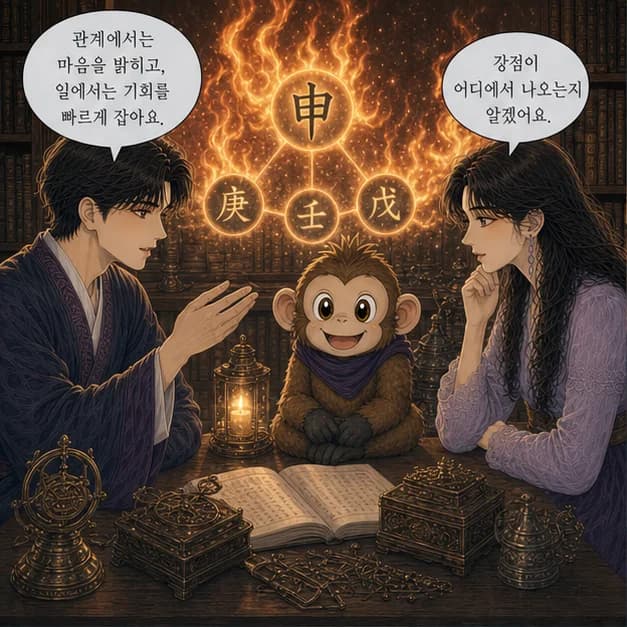 병신일주 9컷: 관계에서는 마음을 솔직하고 따뜻하게 표현하고, 일에서는 사람들이 볼 수 있게 방향을 선명히 밝히는 힘이 장점이에요.
