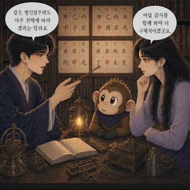 병신일주 11컷: 같은 병신이라도 나머지 여섯 글자와 대운·세운이 달라 결과는 달라져요.