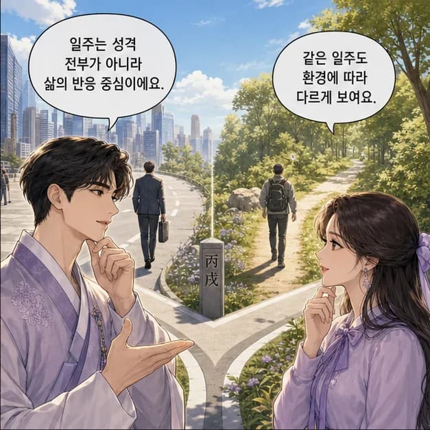 병술일주 2컷: 일주는 성격 전부가 아니라, 일이 생길 때 먼저 보이는 중심 반응이에요.