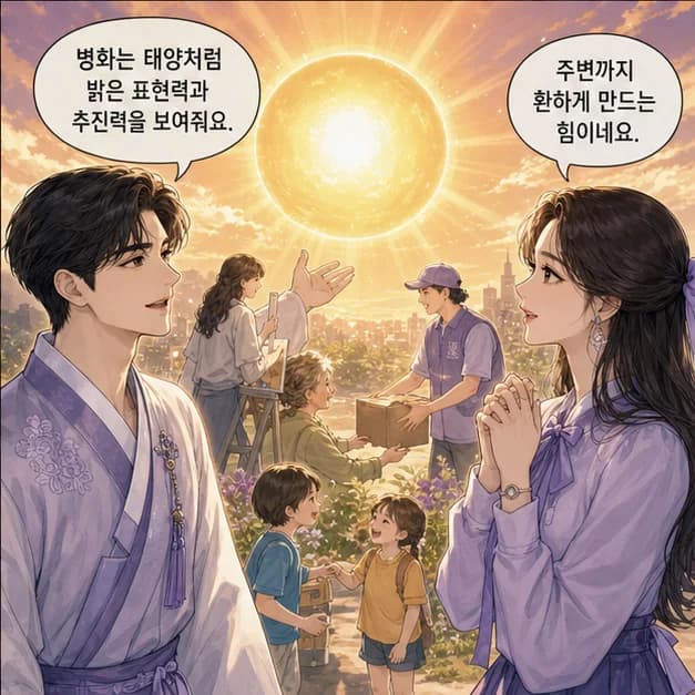 병술일주 4컷: 丙은 태양처럼 분위기를 밝히고 핵심을 드러내는 힘을 보여줘요.