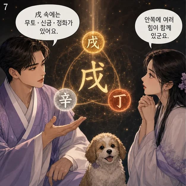 병술일주 7컷: 戌 안의 戊 식신 · 辛 정재 · 丁 겁재. 중심은 식신, 생각을 꾸준한 행동과 결과로 만드는 힘이에요.