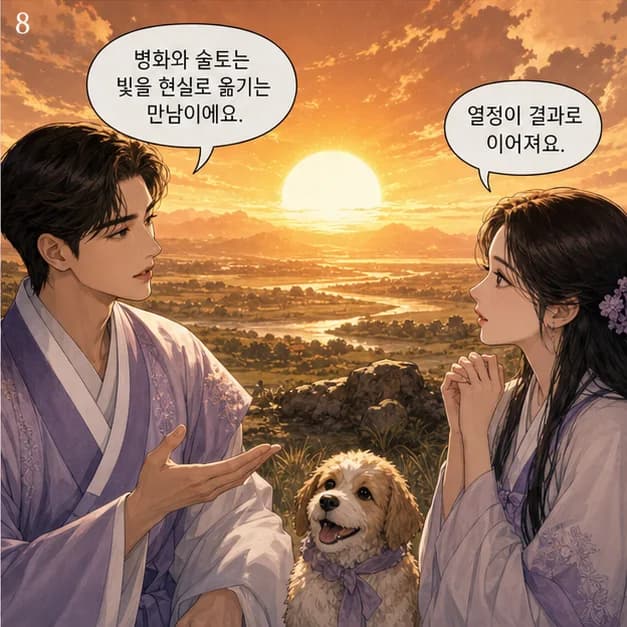 병술일주 8컷: 丙과 戌의 관계는 ‘일간이 일지를 생함’. 내 에너지가 일과 관계 바깥으로 자연스럽게 흘러가요.