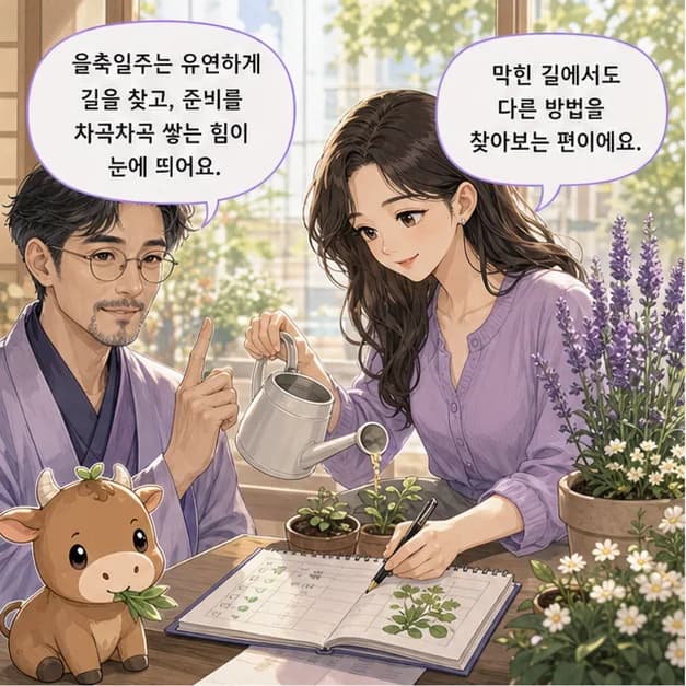 을축일주 1컷: 을축일주는 상황에 맞춰 유연하게 길을 찾는 힘과 준비와 자원을 차곡차곡 쌓는 힘이 눈에 띄어요.
