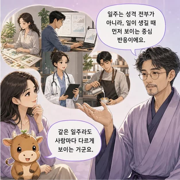 을축일주 2컷: 일주는 성격 전부가 아니라, 일이 생길 때 먼저 보이는 중심 반응이에요.