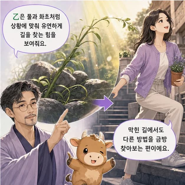 을축일주 4컷: 乙은 풀/화초처럼 상황에 맞춰 유연하게 길을 찾는 힘을 보여줘요.