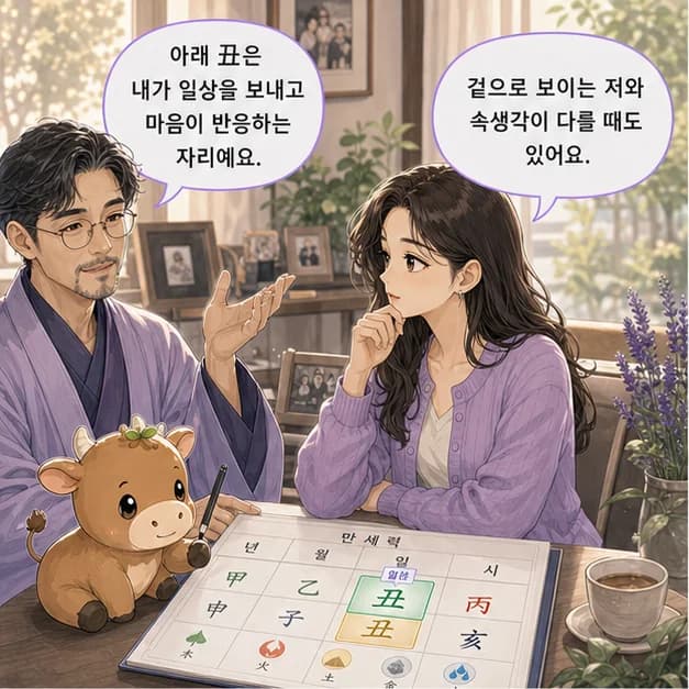 을축일주 5컷: 아래 丑은 내가 일상을 보내고 마음이 반응하는 자리예요.