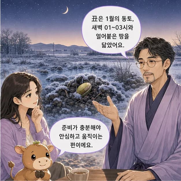 을축일주 6컷: 丑은 1월(동토)·01~03시, 얼어붙은 땅을 닮았어요.