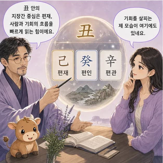 을축일주 7컷: 丑 안의 己 편재 · 癸 편인 · 辛 편관. 중심은 편재, 사람과 기회 사이의 흐름을 빠르게 읽는 힘이에요.