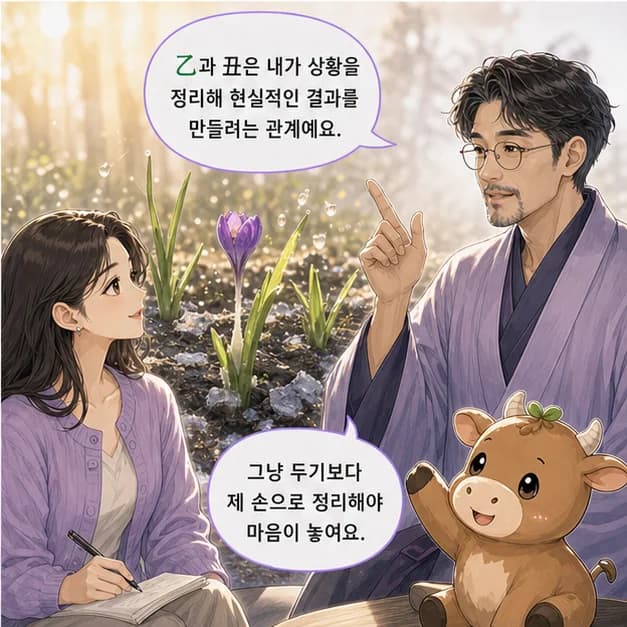 을축일주 8컷: 乙과 丑의 관계는 ‘일간이 일지를 극함’. 내 기준으로 상황을 정리하고 현실적인 결과를 만들려 해요.