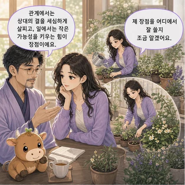 을축일주 9컷: 관계에서는 상대의 결을 세심하게 살피고, 일에서는 작은 가능성을 연결해 성장시키는 힘이 장점이에요.