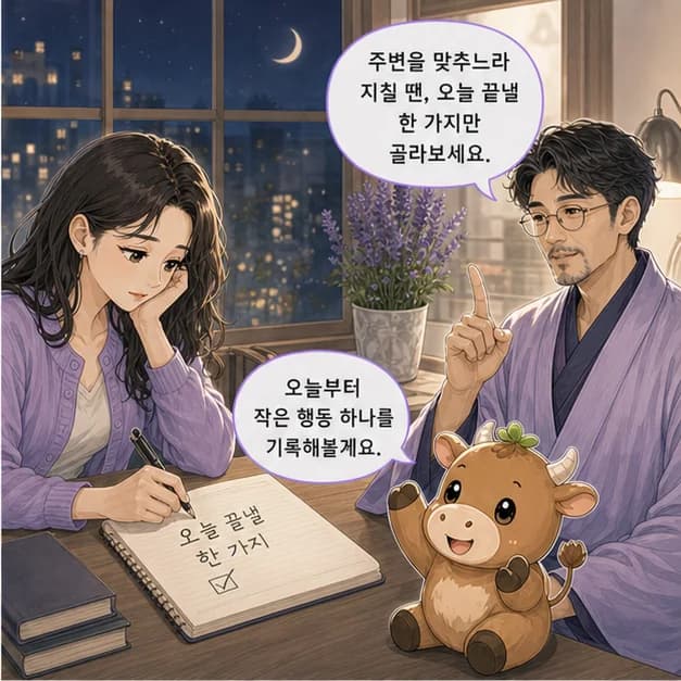 을축일주 10컷: 다만 주변을 맞추느라 내 방향을 뒤로 미루는 패턴이 강해지는 때엔 지칠 수 있어요. 쌓아둔 일에서 오늘 끝낼 한 가지만 고르기부터 해보세요.