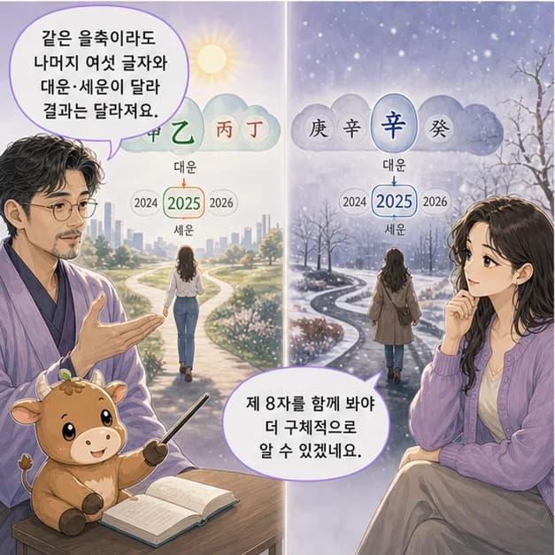을축일주 11컷: 같은 을축이라도 나머지 여섯 글자와 대운·세운이 달라 결과는 달라져요.