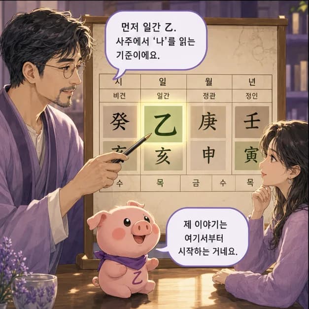 을해일주 3컷: 먼저 일간 乙. 사주에서 ‘나’를 읽는 기준이에요.