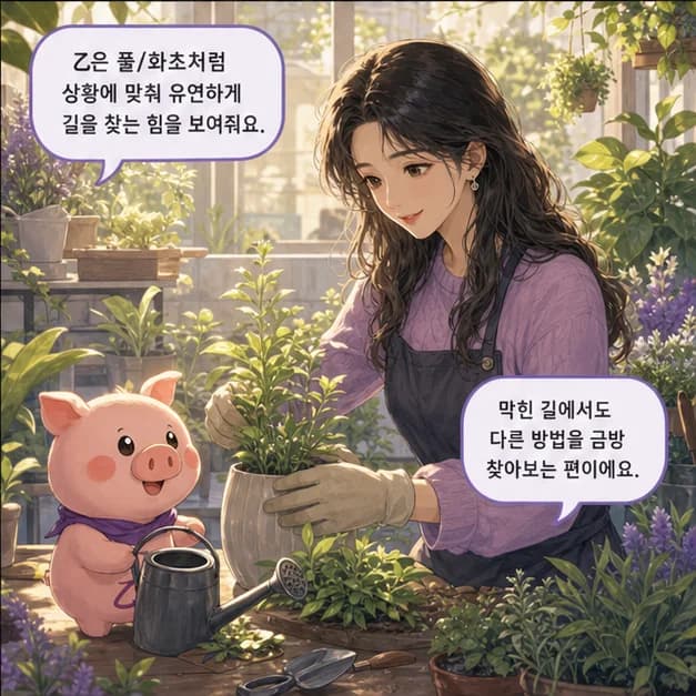 을해일주 4컷: 乙은 풀/화초처럼 상황에 맞춰 유연하게 길을 찾는 힘을 보여줘요.