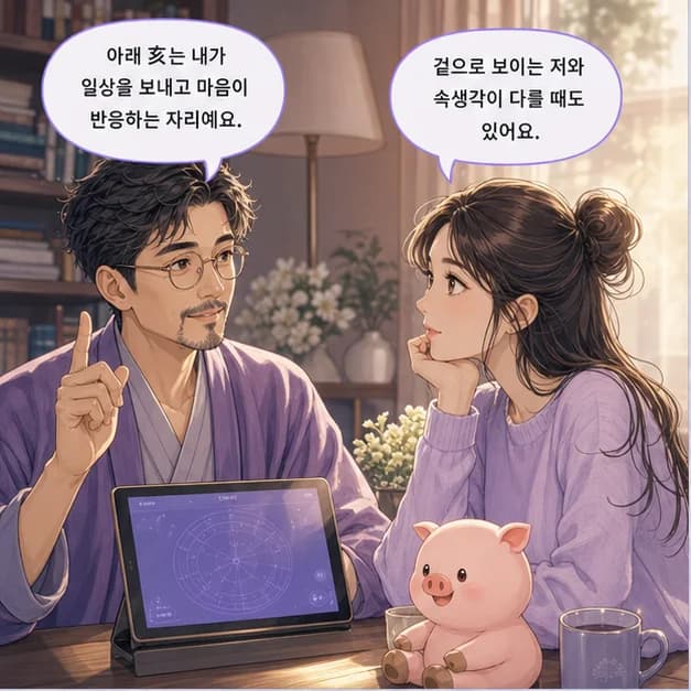 을해일주 5컷: 아래 亥는 내가 일상을 보내고 마음이 반응하는 자리예요.