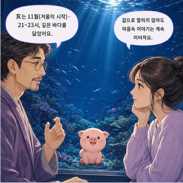 을해일주 6컷: 亥는 11월(겨울의 시작)·21~23시, 깊은 바다를 닮았어요.
