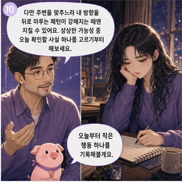 을해일주 10컷: 다만 주변을 맞추느라 내 방향을 뒤로 미루는 패턴이 강해지는 때엔 지칠 수 있어요. 상상한 가능성 중 오늘 확인할 사실 하나를 고르기부터 해보세요.
