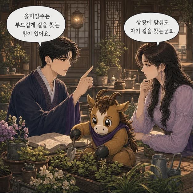 을미일주 1컷: 을미일주는 상황에 맞춰 유연하게 길을 찾는 힘과 사람과 일을 오래 돌보며 결실을 기다리는 힘이 눈에 띄어요.