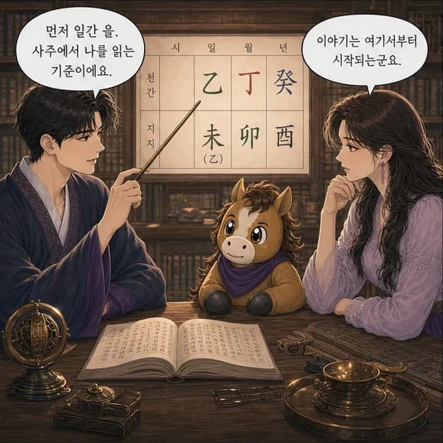 을미일주 3컷: 먼저 일간 乙. 사주에서 ‘나’를 읽는 기준이에요.